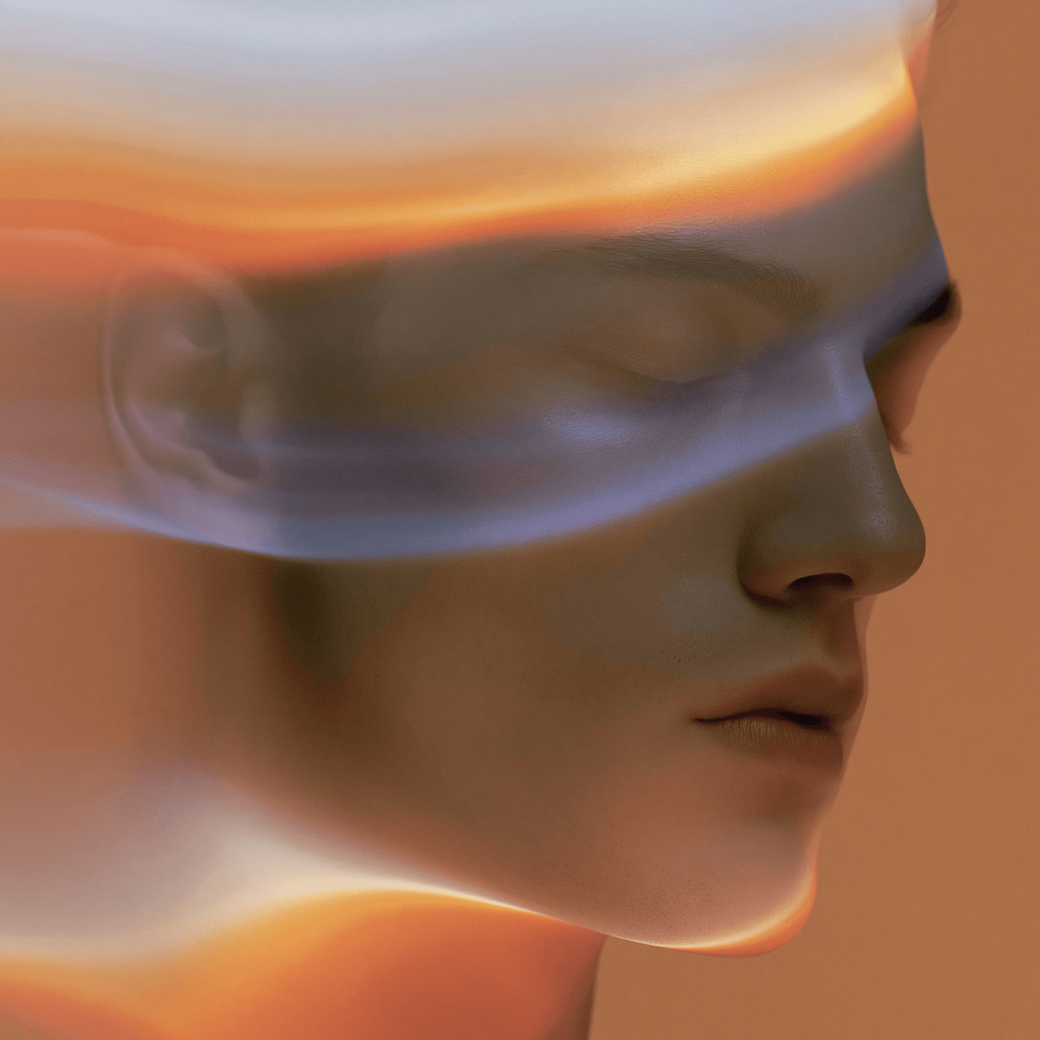 A peaceful face beneath a flowing translucent sleep mask