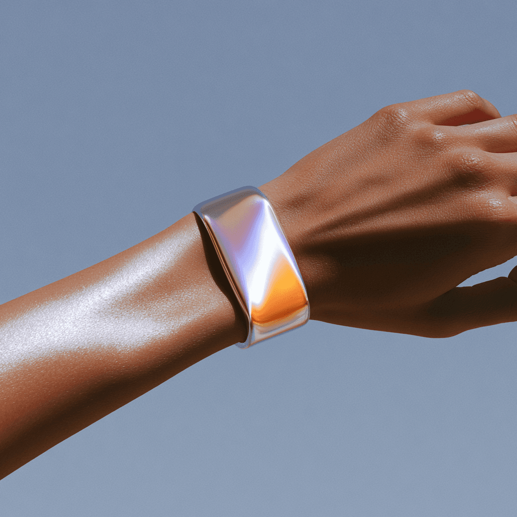 A health smartwatch on a translucent iridescent wrist